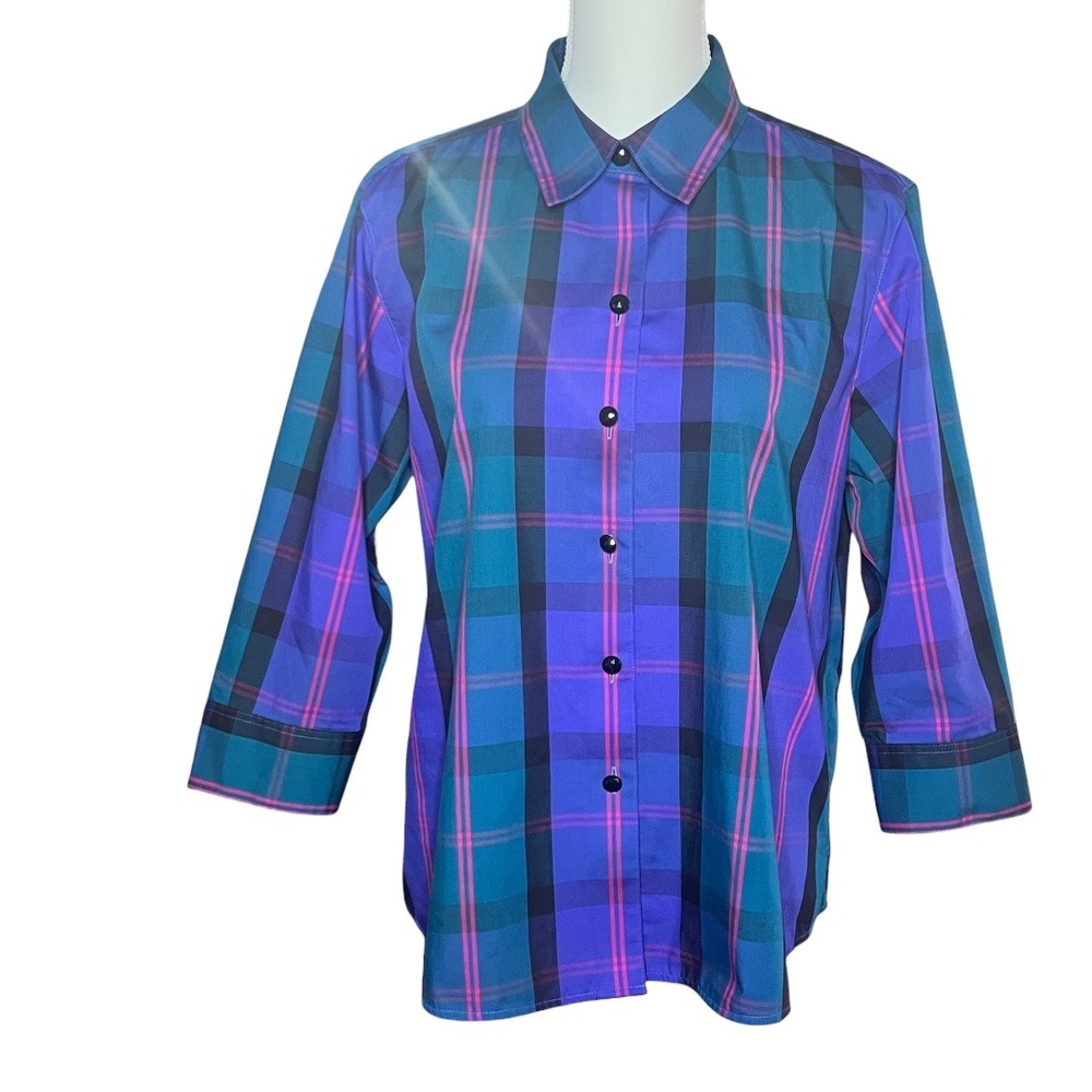 Foxcroft NYC Wrinkle Free Plaid Button‎ Shirt 16P Petite Blue Teal Pink